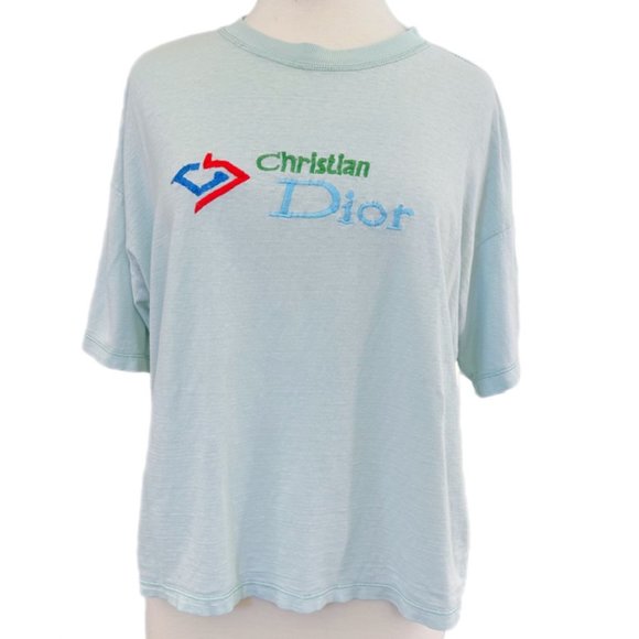 VTG 90s Christian Dior Light Blue Logo Boxy Tee | No Size Label - Picture 1 of 10